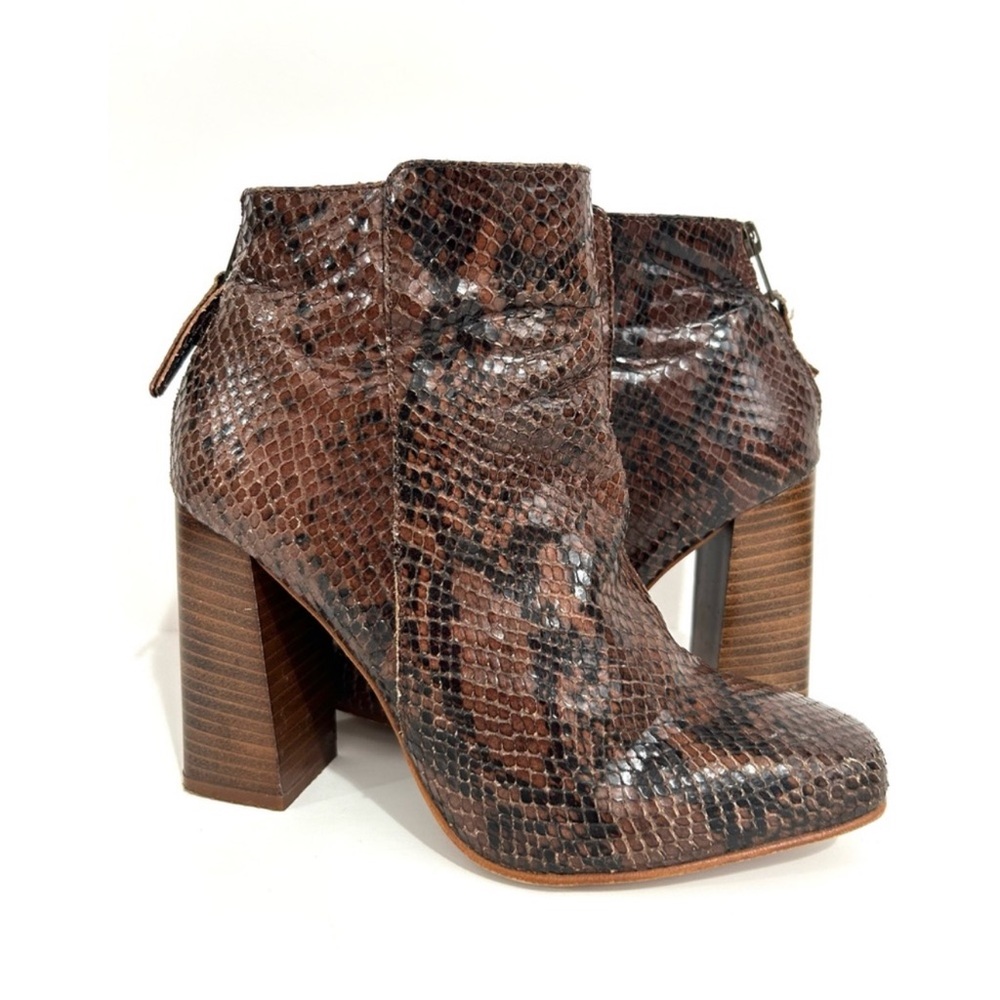 L'INTERVALLE Snakeskin Ankle Booties Brown Black Skin Genuine Leather Block Heel